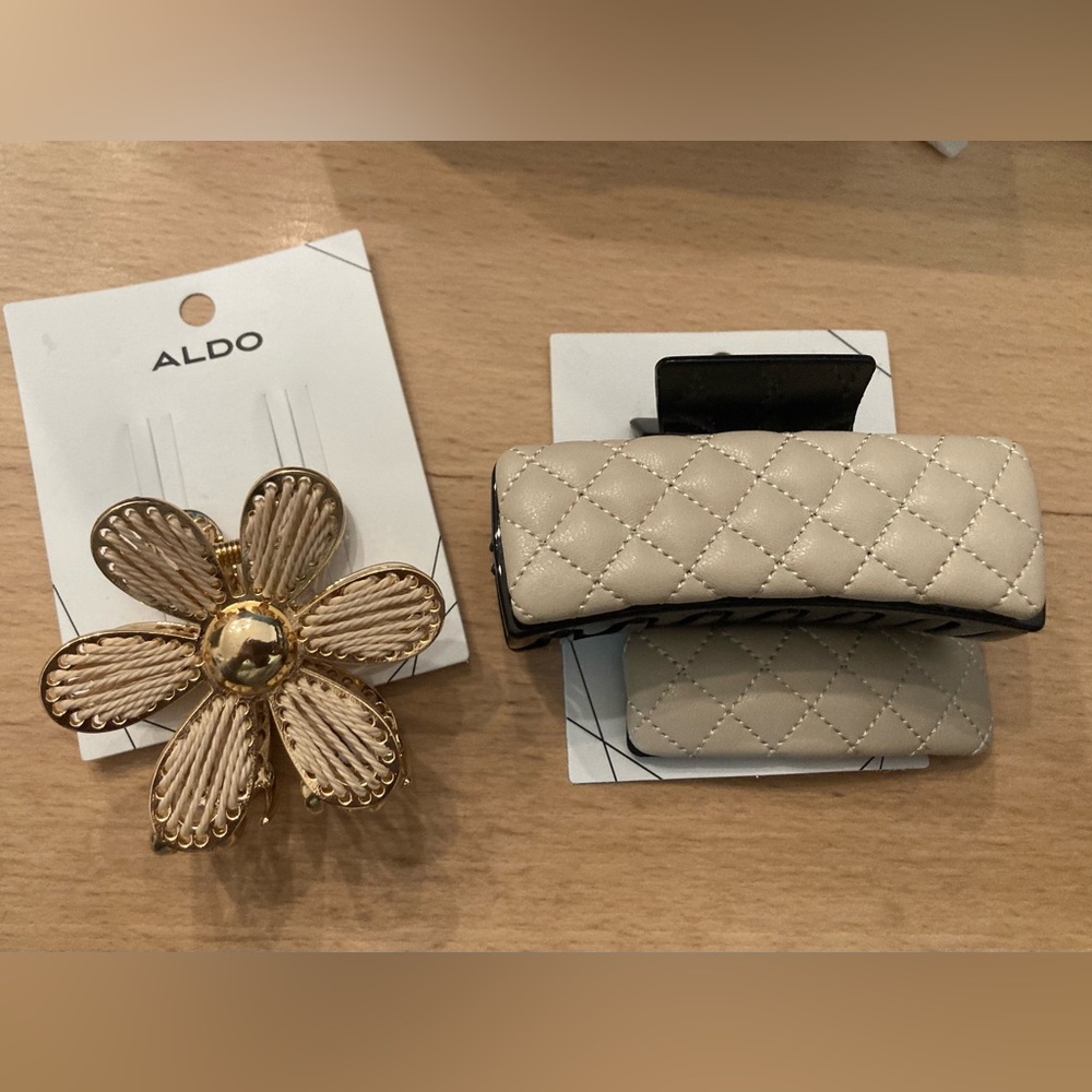 ALDO 3 pc Hair Bundle - Gold Flower + Crean Quilted Tan Banana Clip & Clip